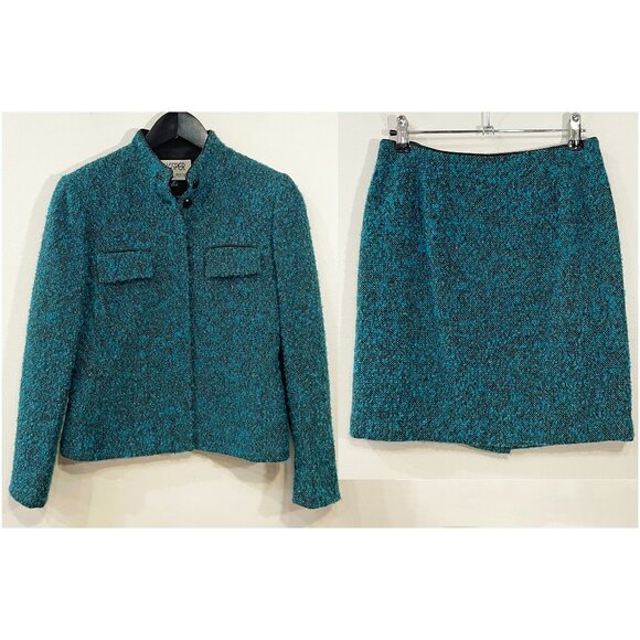EUC Vintage Wool Blend Tweed Teal Mini Skirt Suit Kasper 2P, XS - Picture 1 of 12